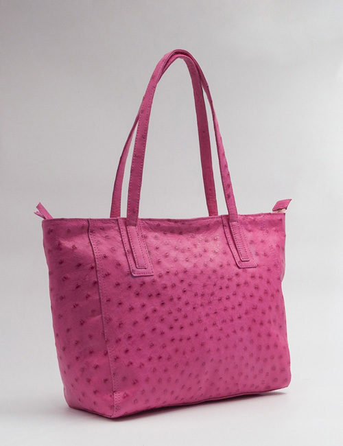Ostrich leather handbags available in pink, yellow, brown, black and more
